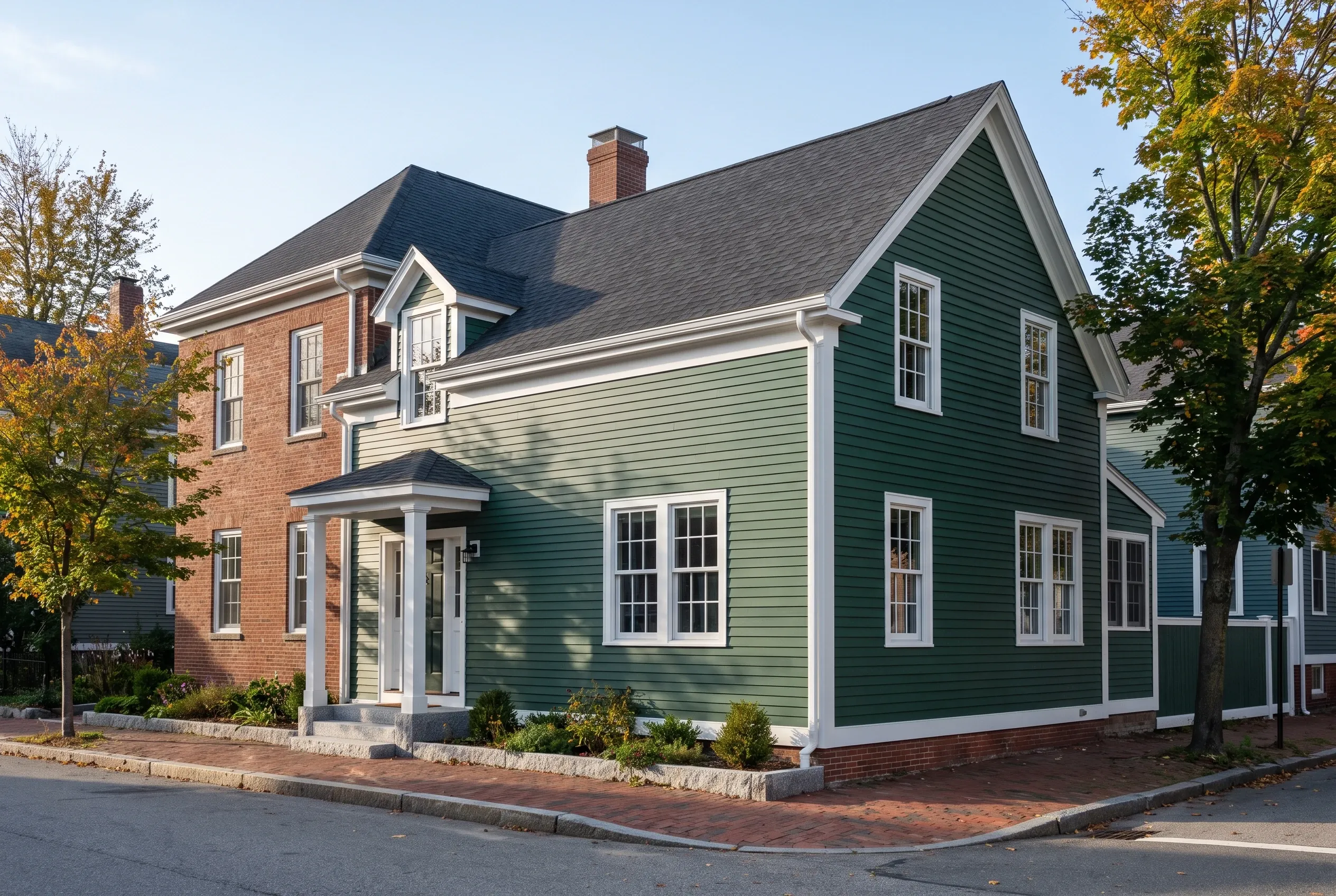 Re-sided colonial in Portland, ME: Green and cream horizontal siding on two-story house with white trim, dark gray roof, brick foundation, tree-lined street.